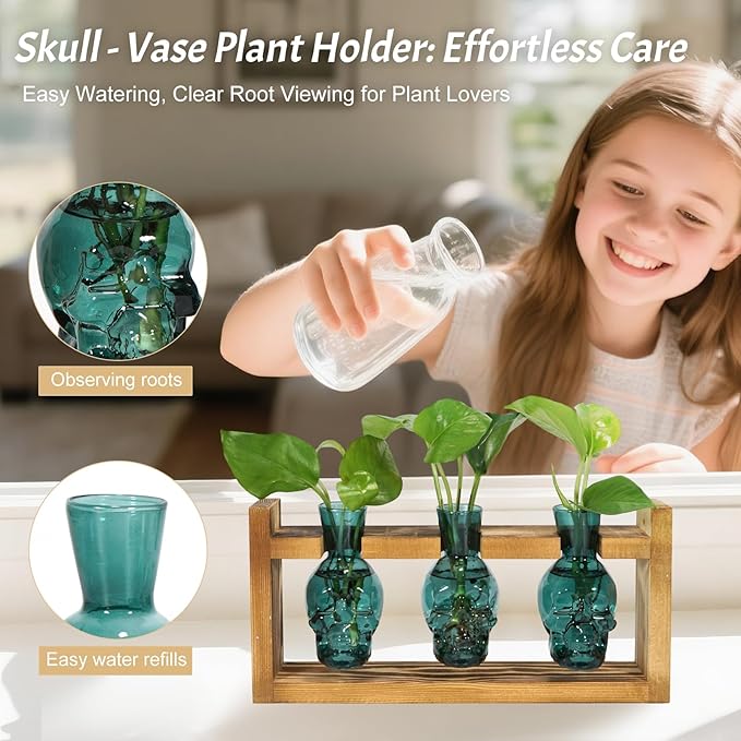 Skull Plant Propagation Station with LED Lights - Halloween Decor Skull Planter, Hydroponics Pot for Office, Unique Gifts for Women & Plant Lovers(Grey)