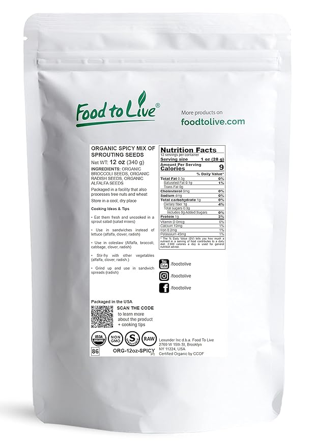 Food to Live Organic Spicy Mix of Sprouting Seeds, 12 Ounces — Non-GMO Broccoli, Radish, Alfalfa, Raw, Rich Germination Rate, Non-Irradiated, Pure, Kosher, Vegan Superfood, Bulk, Rich in Sulforaphane