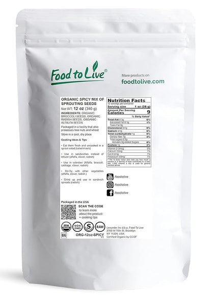 Food to Live Organic Spicy Mix of Sprouting Seeds, 12 Ounces — Non-GMO Broccoli, Radish, Alfalfa, Raw, Rich Germination Rate, Non-Irradiated, Pure, Kosher, Vegan Superfood, Bulk, Rich in Sulforaphane