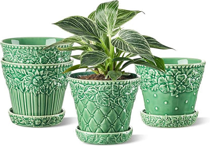 Ceramic Plant Pots, 5.8 Inch Flower Pots for Indoor Plants, Planters with Drainage Hole & Saucer, Green Planters for Succulent, Orchid, Cactus, Home Decor, Set of 4, Green