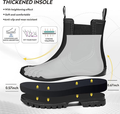 DKSUKO Rain Boots Women Waterproof Chelsea Boots Ankle Garden Shoes for Ladies Rubber Short Rainboots with Removable Comfort Insole for Outdoor Work Deck Mud Boots