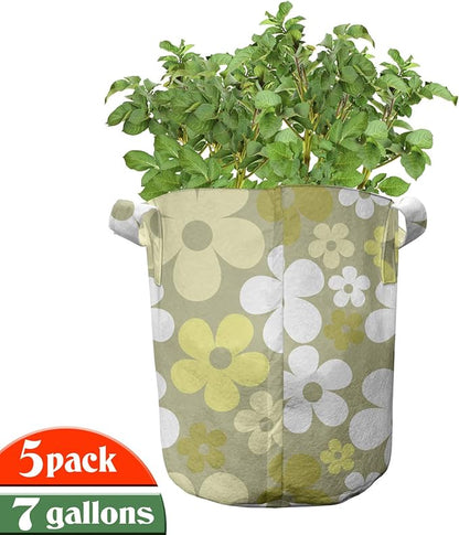 Ambesonne Grey Yellow Grow Bags 5-Pack, Basic Abstract Flowers, Heavyduty Fabric Pots with Handles for Plants, Yellow Khaki