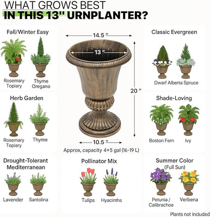 Magshion 20" Urn Planters for Outdoor Plants, Large Decorative Front Porch Planters Set of 2, Weatherproof Tall Plastic Flower Pots for Garden, Patio & Entryway Décor, Antique Brass