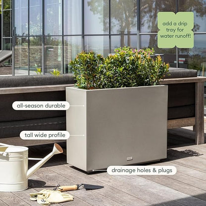 Veradek Block Series Span Plastic Planter - Tall Rectangular Planter for Indoor or Outdoor Patio/Porch, Gray, 24.25 in Height, 12 in Width, 30 in Length