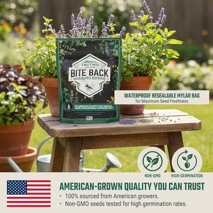 Tactiko Garden Aromatic Herb Seed Kit for Mosquito Season – 6 Individual Seed Packets for Patio & Deck - Lavender, Lemongrass, Marigold, Catnip, Lemon Balm. Basil – Starter Kit with 6 Coir Soil Discs