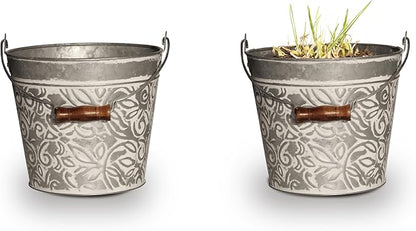 Headwind Vintage Collection - Floral Galvanazied White Wash Planter with Handles – 8 Inch Medium Flower Pots Decorative Plant Indoor – Plant Pots Indoor with Drainage by Robert Allen