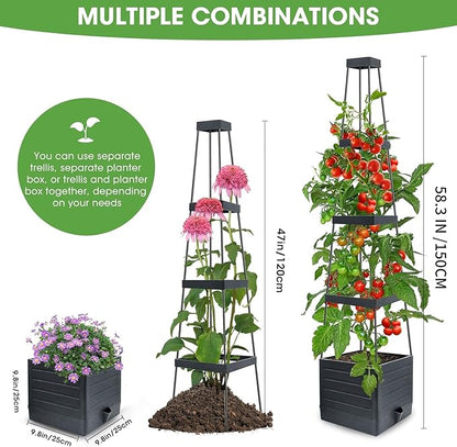 Raised Garden Bed 4 Packs, Planter Boxes with Trellis 58.3'' Tomato Planters for Climbing Vine Vegetables Flowers Plants Self Watering Tomatoes Cage for Outdoor Patio Greenhouse