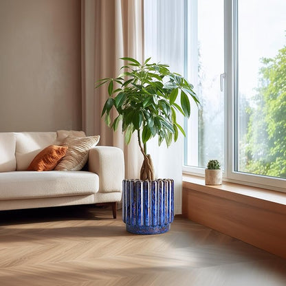 12 Inch Pots for Plants - Ceramic Planter Indoor Outdoor, Large Ceramic Flower Pots with Drainage Hole, Fluted Modern Round Planter, Living Room Home Decor, Gifts for Plant Lovers, Blue