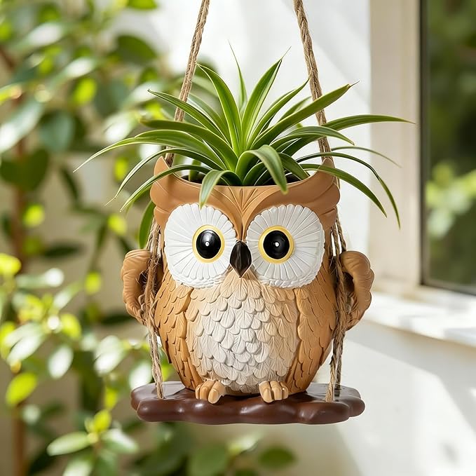 QCQHDU Swing Owl Hanging Pots with Drainage Hole, Small Resin Succulent Plant Planters, Cute Indoor/Outdoor Decor for Balcony Garden Patio, Women Gift Idea, Khaki