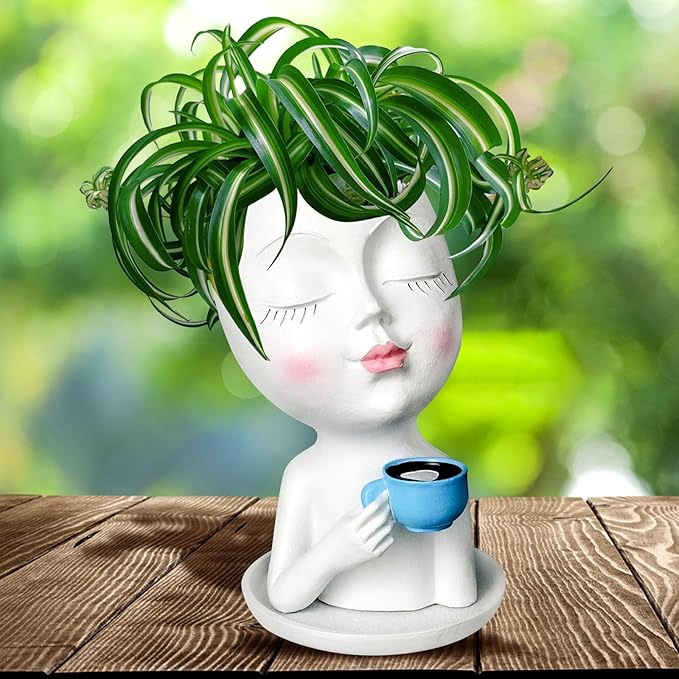 Face Flower Pot Head Planter for Indoor Outdoor, Unique Succulent Planter with Drainage Hole, Cute Lady Face Plant Pots Coffee Table Decor Gift IdeaI for Mother and Appreciation Christma