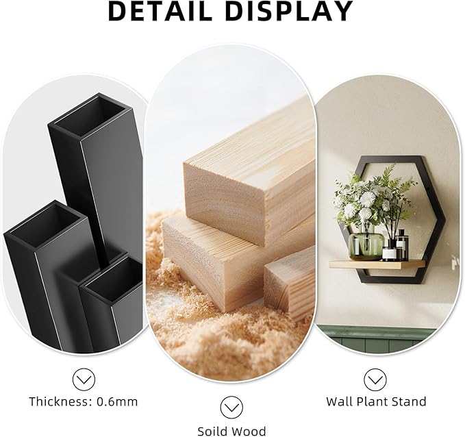 Modern Black Hexagon Wall Planters with Solid Wood Shelves Set of 3 Geometric Floating Wall Decor for Indoor Plants, Stylish Wall Mounted Display for Succulents & Small Plants