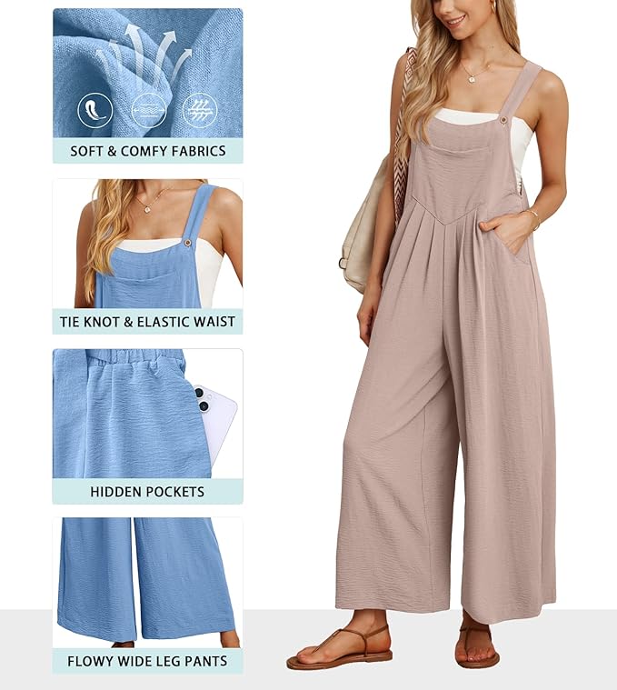 IWOLLENCE Women's Summer Jumpsuits Boho Wide Leg Overalls Casual Loose Rompers with Pockets 2025