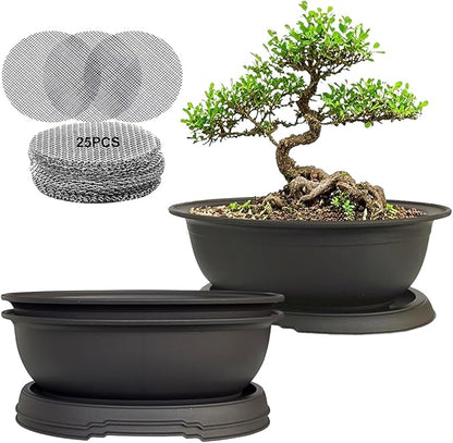 MUZHI 3 Pack Oval Bonsai Training Pot with Drainage Tray, Matte Finish Nursery Plastic Bonsai Planter with 25PCS 2inch Mesh pad (5.2" Small)
