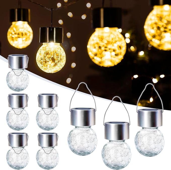GIGALUMI 8 Pack Solar Outdoor Hanging Lights - Warm White LED, Water Resistant, Glass, Rechargeable Battery
