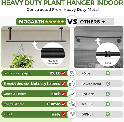 Window Plant Hanger Indoor, 32 Inch Heavy Duty Plant Hanging Rod, 1 Inch Metal Hanging Plant Holder for Window Wall, Matte Black Round Flange Base, Pot Not Included