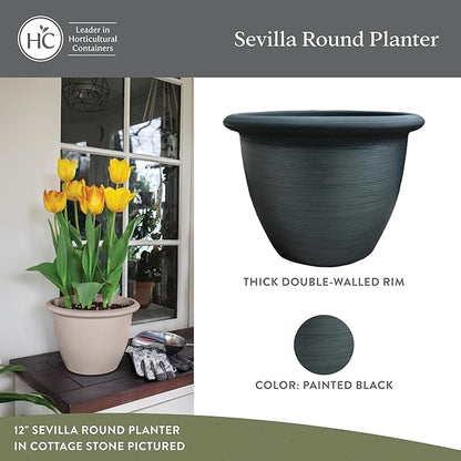 The HC Companies Sevilla Flower Planters - Durable Outdoor & Indoor Planter - Round Lightweight Self Watering Plant Pots for Herbs & More (12" Painted Black, Pack of 2)