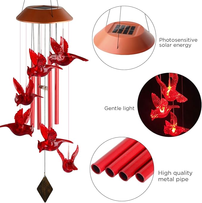 Cardinal Wind Chime, Solar Sound Windchime, Wind-Chime Outdoor, Garden Decor, Yard Decor, Gifts for Women, Mom Gifts, Gardengifts, Grandma Gift