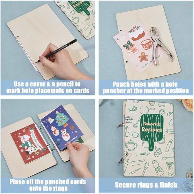 SUPERDANT Favorite Recipe Greeting Card Organizer Food Journal Keeper Kitchen Planner Card Holder Wooden Cards Keeper Binder Recipe Photo Album 2-Rings Cover with Punch and 20pcs Inner Pockets