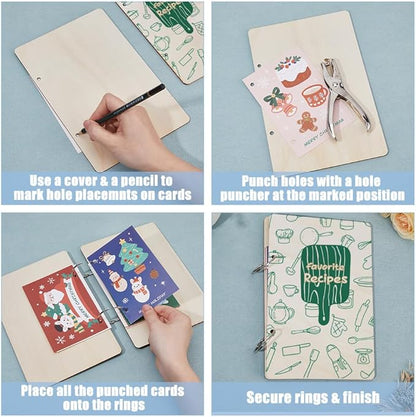 SUPERDANT Favorite Recipe Greeting Card Organizer Food Journal Keeper Kitchen Planner Card Holder Wooden Cards Keeper Binder Recipe Photo Album 2-Rings Cover with Punch and 20pcs Inner Pockets