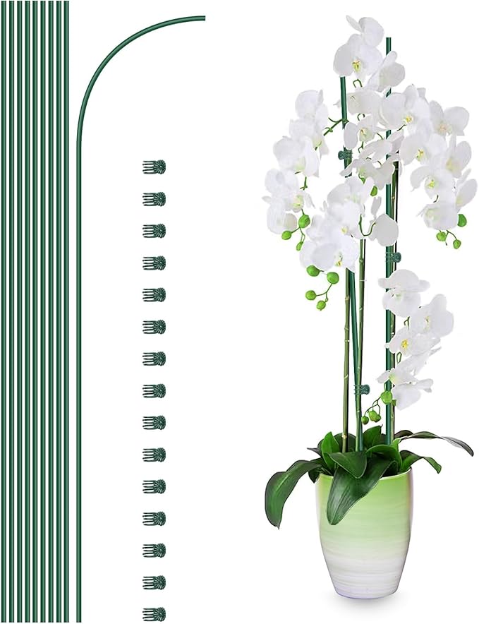 20Pcs Plant Support Stakes with 15 Pcs Plant Clips, Plant Sticks for Indoor and Outdoor Plants, Orchid Clips and Stakes,16inch Tall Bendable Single Stem Flower Stakes Bendable (20, Green-16inch)