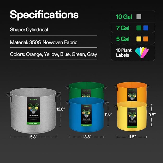 VIVOSUN 5-Pack 5Gal*2/7Gal*2/10Gal Colored Grow Bags, 350G Thick nonwoven Fabric Pots with Handles for Flowers, Fruits and Vegetables