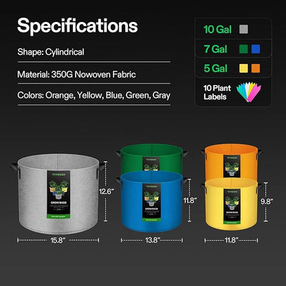 VIVOSUN 5-Pack 5Gal*2/7Gal*2/10Gal Colored Grow Bags, 350G Thick nonwoven Fabric Pots with Handles for Flowers, Fruits and Vegetables