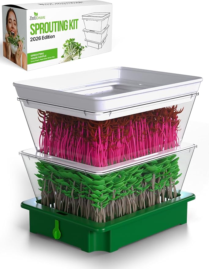 2-Tier Stackable Sprouting Kit with Sink Drain Spout & Ventilated Trays – Modular Seed Sprouter & Microgreens Germination System for Growing Broccoli, Alfalfa & Bean Sprouts.