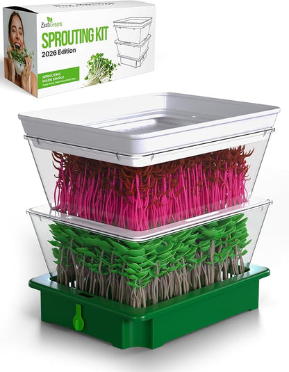 2-Tier Stackable Sprouting Kit with Sink Drain Spout & Ventilated Trays – Modular Seed Sprouter & Microgreens Germination System for Growing Broccoli, Alfalfa & Bean Sprouts.