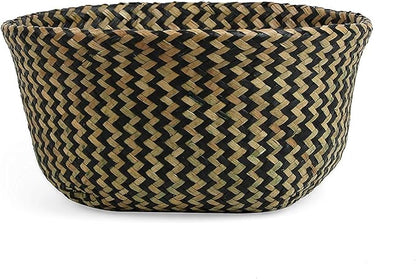 Woven Seagrass Belly Basket for Storage, Plant Pot, Picnic and Grocery Basket (Large, Black Strips)