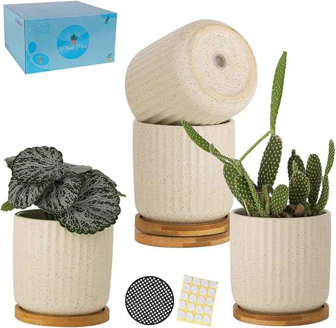 TAMAYKIM 4 Inch Ceramic Plant Pots with Drainage Holes, Modern Vertical Pattern Flower Planter with Saucer for Indoor Plants, Succulent, Cactus & Herbs, Beige, Set of 4 (Plants Not Included)