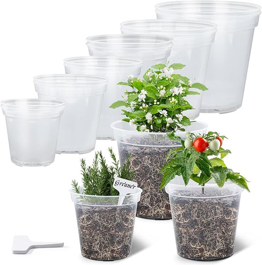 GREANER Clear Plastic Plant Pots, Orchid Pots with Holes and 20 Pcs Plant Labels, 5/6/7/8/9/10 Inch(Pack of 15)