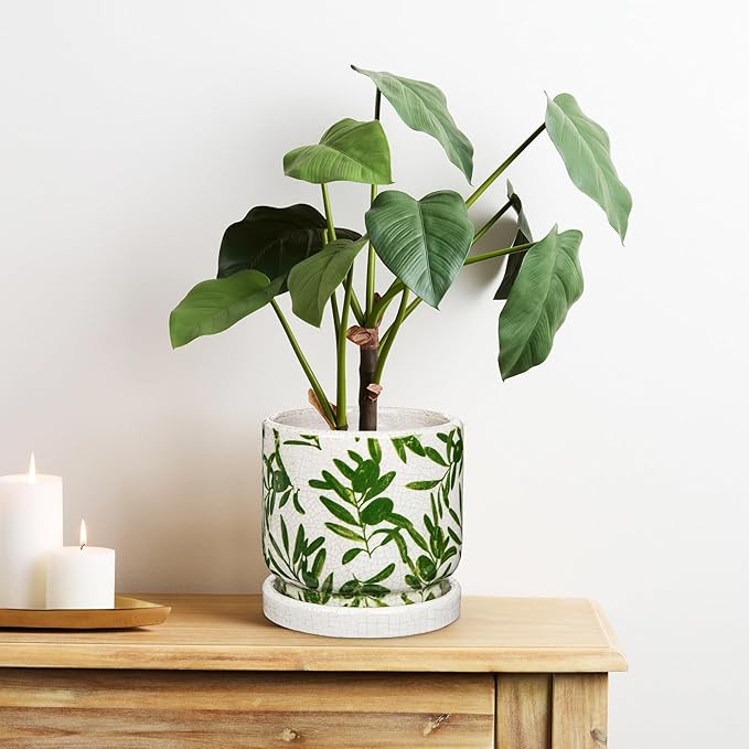 Small Ceramic Pot for Indoor Plants - 5.5 inch Plant Pot with Drainage Hole and Saucer Olive Leaf Decorative Planter Indoor Outdoor Flower Pots for Succulent Snake Pothos Plant Windowsill Home Garden