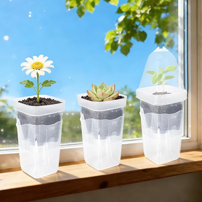 12 Pack 2.5" Self Watering Propagation Pots with Humidity Dome, Clear Plastic Seed Starter Cups, for Seedlings, Cuttings, Succulents, Herbs, Vegetables, 12 Plant Labels Included