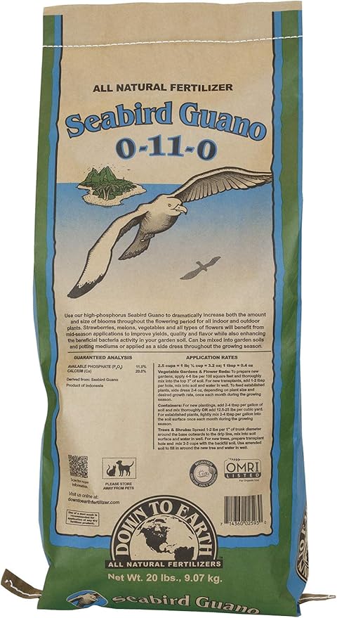Down To Earth All Natural Fertilizers Organic Seabird Guano - High Phosphorus Plant Food for Buds, Blooms, Flowers 0-11-0, 20 lb
