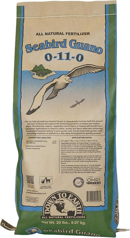 Down To Earth All Natural Fertilizers Organic Seabird Guano - High Phosphorus Plant Food for Buds, Blooms, Flowers 0-11-0, 20 lb