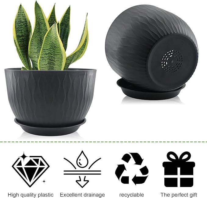 12/10/9 inch Plant Pots, 3 Pack Flower Pots for Outdoor Indoor Garden Plants, Large Planters with Multi Mesh Drainage Holes and Saucer (Black, 12"+10"+9")