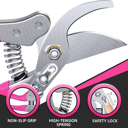 DECERK 8.5" Professional Bypass Pruning Shears – Heavy Duty Garden Scissors & Clippers for Branch Trimming, Ultra Sharp SK5 Blade, Ergonomic Handle, Perfect Gardening Gift for Women, 2025 Pink Tools