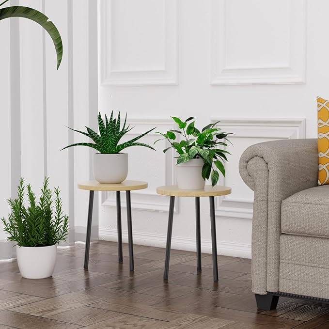 Plant Stand Indoor 14'': Indoor Plant Stand 2 Pack Metal Plant Table - Wood Plant Stool Outdoor Small Round Side End Table Mid Century Modern Decor - Home Decor