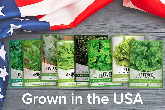 Gardeners Basics, 8 Leafy Garden Greens Seeds for Planting Individual Packets - Arugula, Collards, Spinach, Swiss Chard, Kale, Lettuce, Leafy and Butter Lettuce Seeds for Your Heirloom Salad Garden