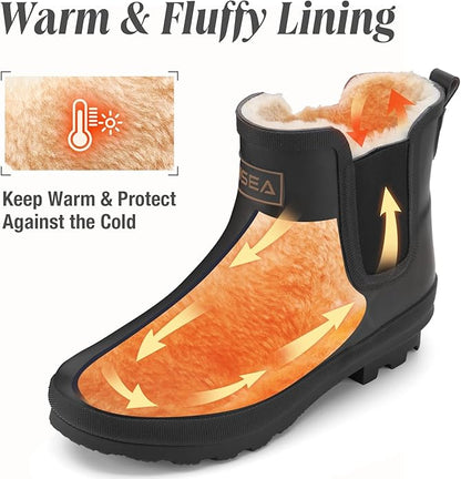 HISEA Women's Plush Rain Boots Waterproof, Chelsea Rubber Booties Women, Ladies Ankle Snow Boots for Winter Spring Garden Outdoor