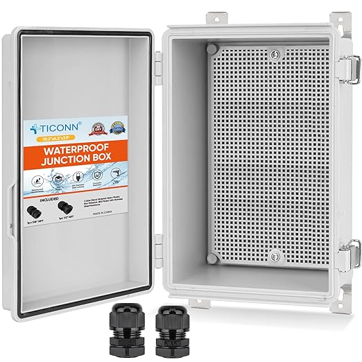 TICONN Outdoor Electrical Box Waterproof, Junction Box IP67 ABS Plastic Enclosure with Hinged Cover with Mounting Plate, Wall Brackets, Cable Glands (Off-White, 10.2"x6.3"x3.9")