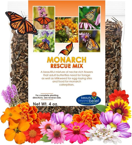Monarch Butterfly Rescue Wildflower Seeds 4oz. Bulk Open-Pollinated Wildflower Seed Packet, No Fillers, Annual, Perennial Milkweed Seeds for Monarch Butterfly 1/4 Pound