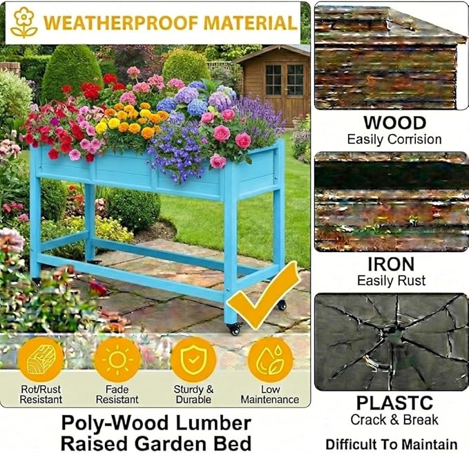 DWVO 47x18x31in Raised Garden Bed HDPE, Weather-Resistant Poly Wood Planter Box Stand, Planter Box with Legs & Lockable Wheels, Elevated Garden Bed for Backyard Patio Balcony - Aruba Blue