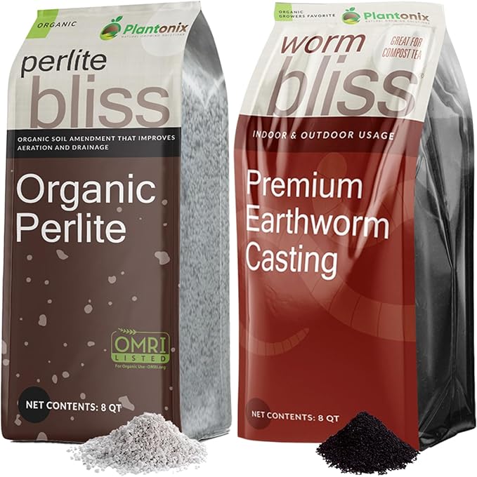Perlite Bliss (8 Qts) + Worm Bliss (8 Qts) - Organic Perlite for Plants & Worm Castings for Plants - Earthworm Castings Organic Worm Fertilizer - Horticultural Perlite for Gardening & Potting Soil