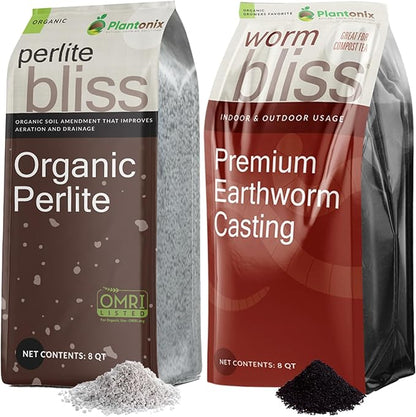 Perlite Bliss (8 Qts) + Worm Bliss (8 Qts) - Organic Perlite for Plants & Worm Castings for Plants - Earthworm Castings Organic Worm Fertilizer - Horticultural Perlite for Gardening & Potting Soil