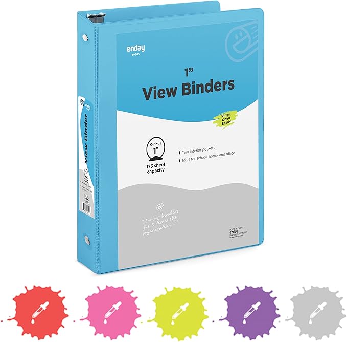1 Inch 3 Ring Binder 1” Binder Blue Clear View Cover with 2 Inside Pockets, Colored School Supplies Office and Home Binders – by Enday