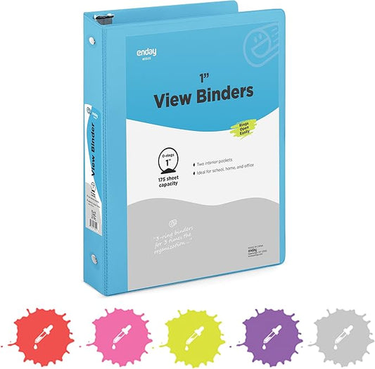 1 Inch 3 Ring Binder 1” Binder Blue Clear View Cover with 2 Inside Pockets, Colored School Supplies Office and Home Binders – by Enday