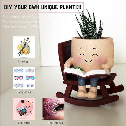 Cute Plant Pots Head Planters, Funny Rocking Chair Reading Book Planter Cactus Face Pot with Drainage Hole for Indoor Outdoor Plants, Unique Plant Lover Gifts