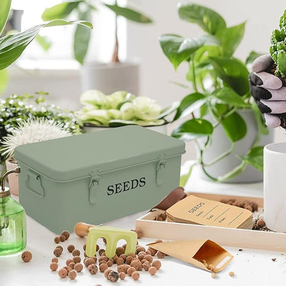 Seed Saving Box, Metal Seed Bin, Seed Storage Organizer Box, Seed Packet Container with Lid, Seed Envelope Storage Box, 4 Compartments Garden Seed Bin with Safety Locks-Green