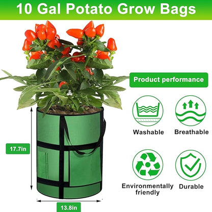 10 Gallon Potato Grow Bags with Viewing Window, 300G Nonwoven Garden Planting Pots, Heavy-Duty Surround Handles for Gardening Supplies (6Pack Grow Bags)